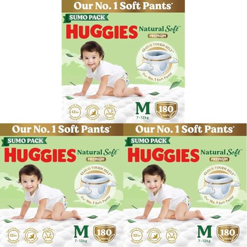 Image of Huggies Natural Soft Premium Baby Diaper Pants, Our No.1 Soft Pants, Medium (M) Size (7-12 Kgs), Sumo Pack of 540 diapers | Cloud Softness All over with India's 1st Cloud Touch BeltTM (60 Count, Pack of 3)
