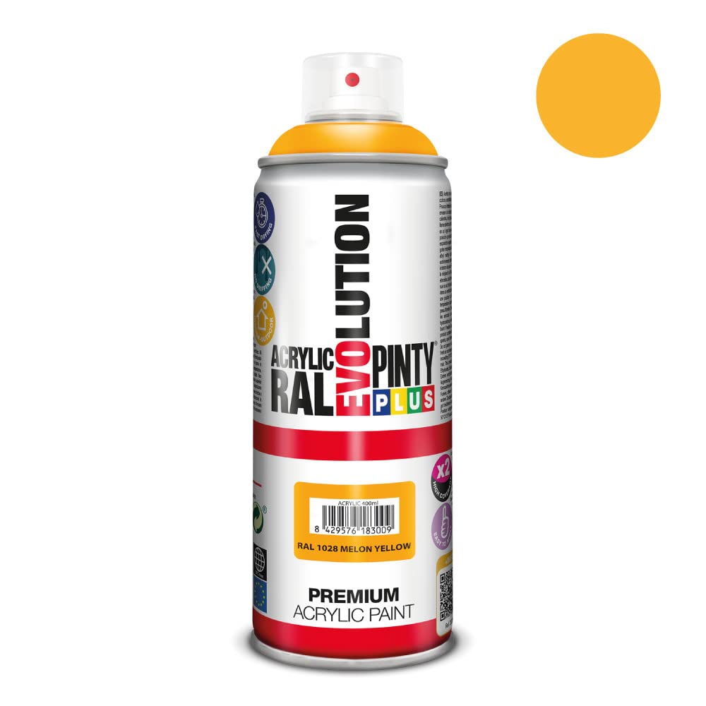 PINTY PLUS EVOLUTION 591 Pintura Spray Acrílica Brillo 520cc Melon Yellow, Amarillo Ral 1028, 0.6 (Paquete de 4)