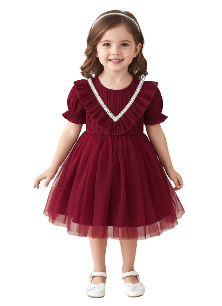 Baby Girl Frock Ages 6 Months to 4 Years Dress for Girls Birthday Outfit Cotton Blend Kids Tutu Gown Elegant Round Neck Maroon Tulle for Kids Stylish Little Outfits-image-2