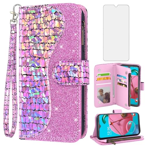 Asuwish Phone Case for LG K51/Reflect LTE/Q51 Wallet Cover with Screen Protector Bling Glitter Leather Flip Zipper Card Holder Cell LGK51 K 51 51K L555DL 2020 LGK51Phone LG51Cases Women Girls Pink