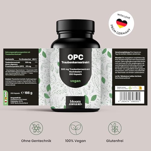 OPC Traubenkernextrakt Hochdosiert - 260 Kapseln mit 75% reinem O.P.C je 1000 mg pro 2 Kapseln - Vegan & Produziert in Deutschland - Verpackung kann variieren