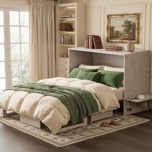 Image of Softa Queen Murphy Bed Cabinet with Storage Drawer & Charging Station, 1200 LBS Heavy Duty Wood Wall Bed with Fold-Down Desk for Guest Room & Home Office, No Box Spring Needed