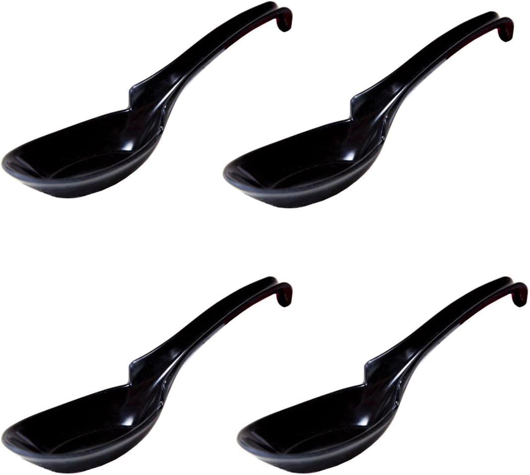 JapanBargain, 60-Pack Asian Soup Spoons – Melamine Long Handle Wonton, Pho, Ramen, Udon, Miso Spoon with Hook & Notch – Dishwasher Safe, Black Color