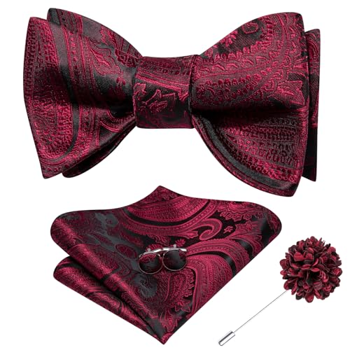 Image of Dubulle Self Tie Bow Ties and Lapel Pin for Men Paisley Solid Mens Bowtie and Handkerchief Cufflinks Set Wedding