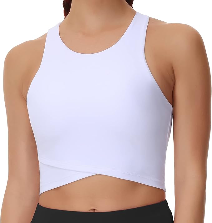 Wjustforu Womens Longline Sports Bra Racerback Crop Top Padded Wirefree Workout Tank Top for Yoga Running