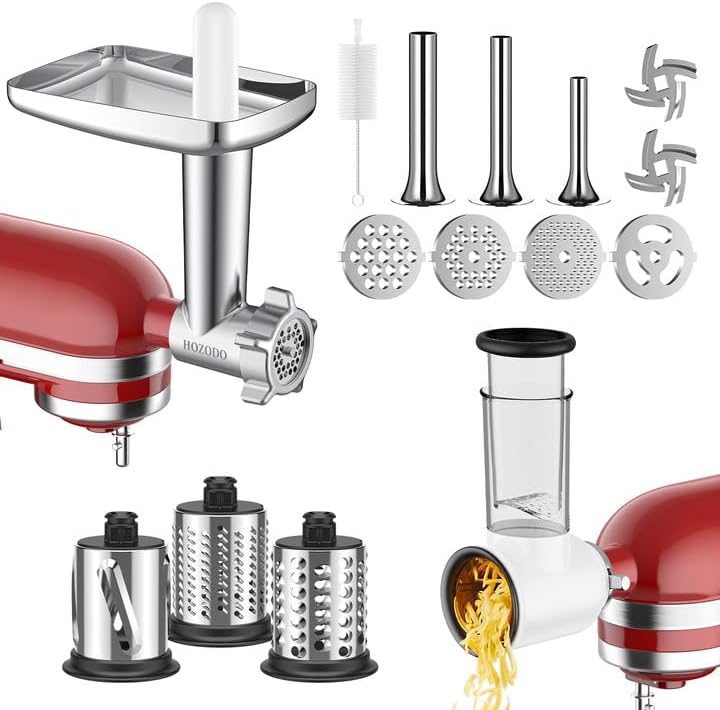 Meat Grinder & Slicer Shredder Attachments for KitchenAid Stand Mixer, Metal Meat Grinder with Sausage Stuffer Tubes, Cheese Grater, 2 Pcs Attachment Set for KitchenAid Mixers - Thumbnail 3