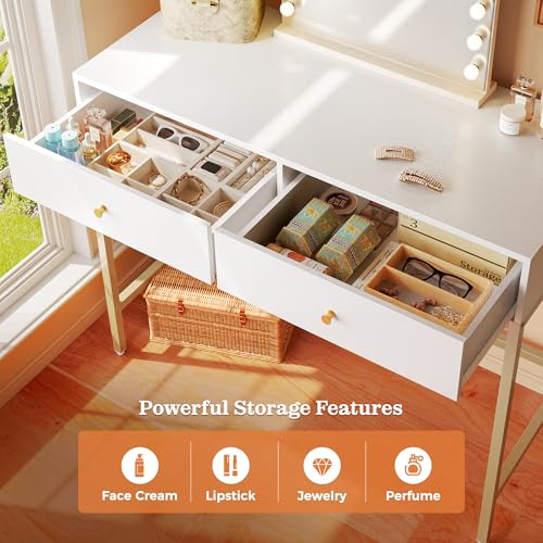 Image of SUPERJARE 31.5 inch White and Gold Desk with 2 Drawers, Modern Vanity Desk