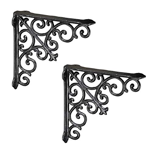 Relaxdays Juego de 2 Soportes para estantería, Hierro Fundido, Adornos barrocos, ángulo para estantes, Vintage, Color Negro, 2 Unidades