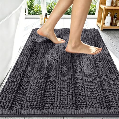 Image of Smiry Thick Chenille Bathroom Runner Rugs 59x20, Soft Bath Mat, Dark Grey | Quick‑Dry & Machine Washable, Non‑Slip Bath Carpet, Striped Bath Rugs for Tub & Shower, Modern Home Decor Accessories