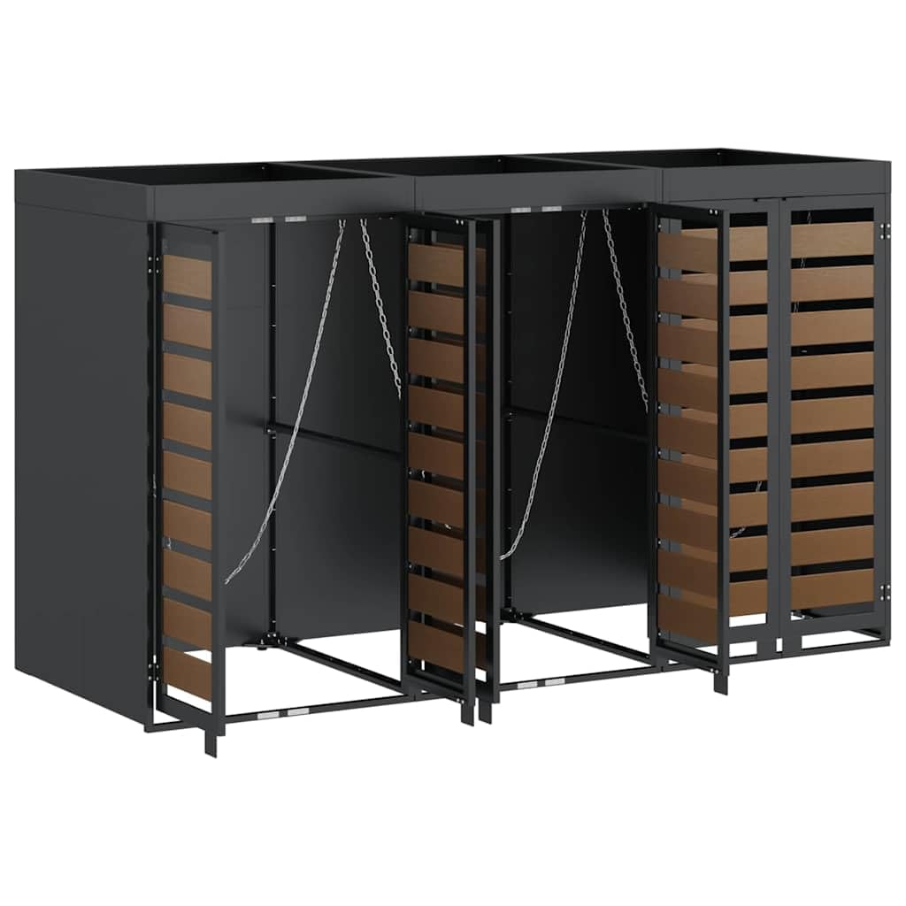 Copribidoni per 3 Bidoni di Spazzatura Contenitori Pattumiera Cassonetti Rifiuti 240 L Box in Acciaio Antracite/Aspetto Larice Coperchio Bidone Resistente 3 Porte
