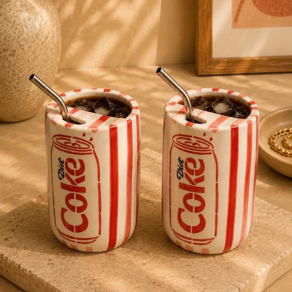 Image of OCEAN STORE Handmade Ceramic Diet Coke Can Fizz Sipper Mug with Stainless Steel Straw, 500 ml, Microwave & Dishwasher Safe (Set of 2)