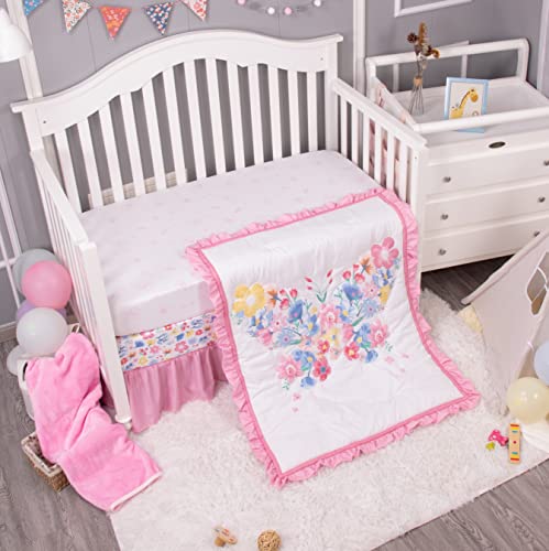 La Premura Pink Floral Butterfly Nursery Crib Bedding Set, 4 Piece Standard Size Crib Bedding Sets For Girls, Pastel Pink & Baby Blue #TOP2