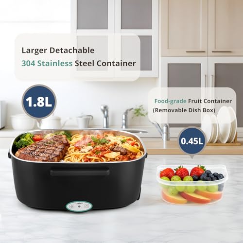 Fuutilake Heated Lunch Box 1.8L Large Capacity with Carry Bag and Spoon, 3-in-1,80W Electric Lunch Box - Portable Food Warmer for Adult Truck, Car, Office, Camping & Travel (Black)