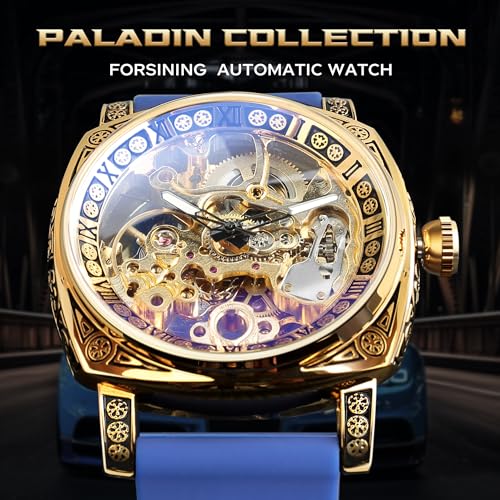 Image of FORSINING Fancy Watches for Men, Square Retro Mechanical Watch Self-Wind Carved, Gear Movement Golden Skeleton Automatic Watches Vintage Leather Strap Wrist Watch