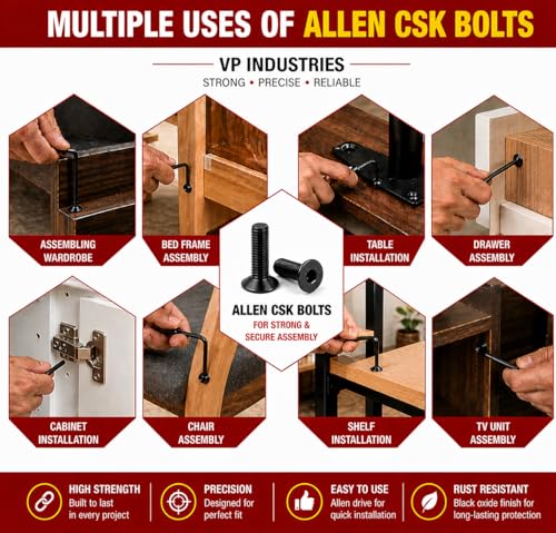 Image of By inchVP INDUSTRIES inch (Pcs-15) M8x80 mm Allen CSK Head Screw Black Zinc Plated High Tensile | Countersunk Screw for Modular Furniture, Wooden Work, Electrical Fittings, DIY & Industrial Use