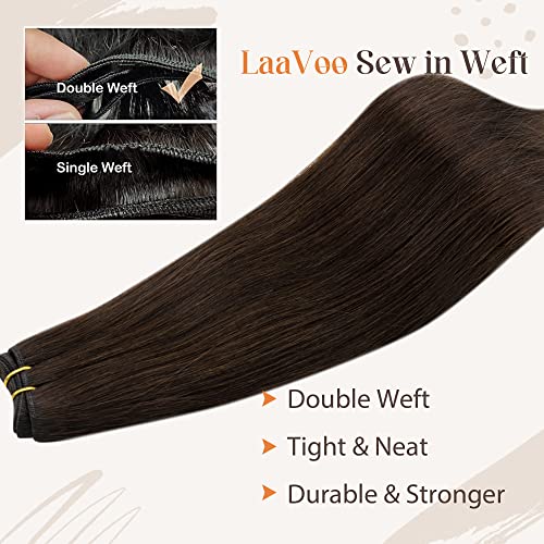 LaaVoo Weft Hair Extensions Real Human Hair Brown Sew in Hair Extensions 80g 12 Inch Full Head Straight Remy Darkest Brown Invisible Double Weft Weave #2 - Image 3