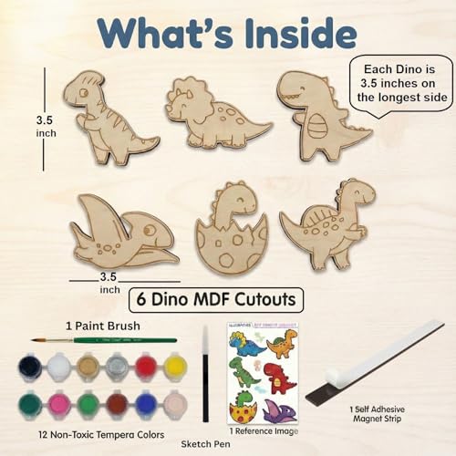 Image of ImagiVibe Paint Your Own Dino Fridge Magnets Kit for Kids | 6 MDF Dinosaur Cutouts DIY Painting Activity with Colours & Brush | Creative Screen-Free Art & Craft Kit | Made in India (Dinosaurs)