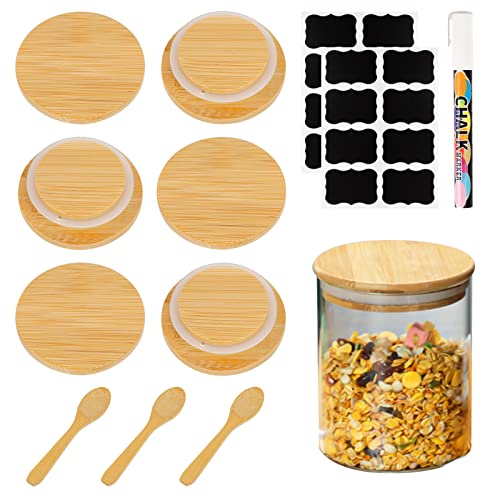 Bambus Deckel Rund, 6 Stück OUI Bambus-Deckel mit 3 Holzlöffel, 2 Aufkleber und 1 Stift, Luftdichter Bambusdeckel, Wiederverwendbare Holzdeckel für Tee Gewürze Getreide Cover
