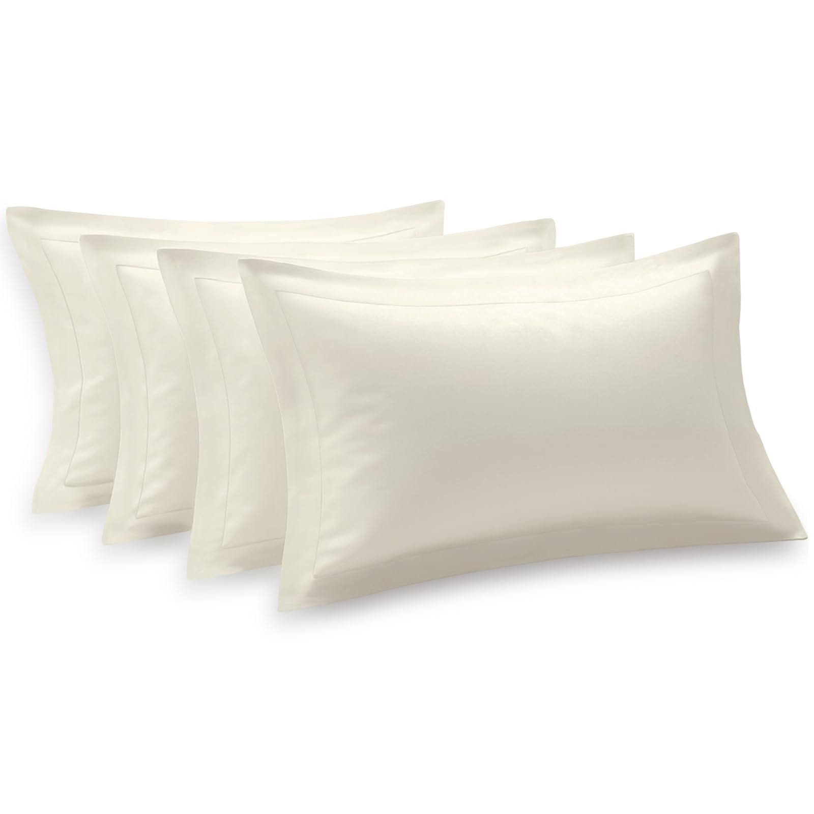 Pizuna 100% Cotton Standard Pillow Cases 4 Pack New Ivory 50x75cm 600 Thread Count Long Staple Combed Cotton Oxford Pillow Cases Soft Sateen Pillows 4 Pack Hotel Quality