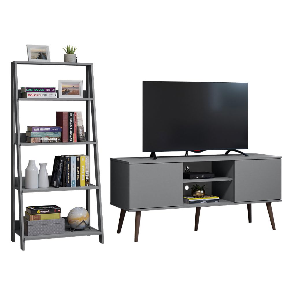 MadesaTV Stand 2 Doors and 2 Shelves 55" + Ladder Shelf Standing Bookcase - Black