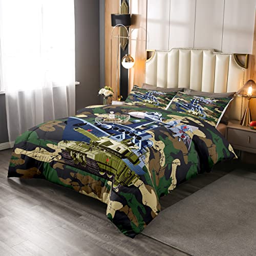 Feelyou Camouflage Comforter Set Camo Warship Tank Helicopter Teen Bedding Set For Kids Boys Girls 3D Army Vehicle Comforter Transport Decor Quilt Set Room 2Pcs Twin Size #TOP1