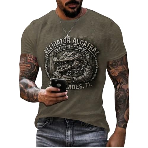Mens Retro Alligator Alcatraz Funny Florida Everglades Dark Humor Patoitic Print T-Shirt Alligator Alcatraz T-Shirts for Men Charcoal