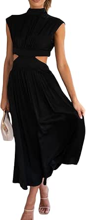 HAEOF Women's Sleeveless Halter Maxi Dress - Pleated Tiered Beach Sundress With Pockets - View #7