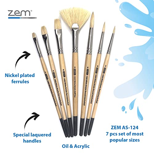 Zem Brush Interlocked White Hog Bristle Artist Brush Set Rounds 2,4,6 And Flats 2,4,6 And Stiff Fan 6 #TOP1