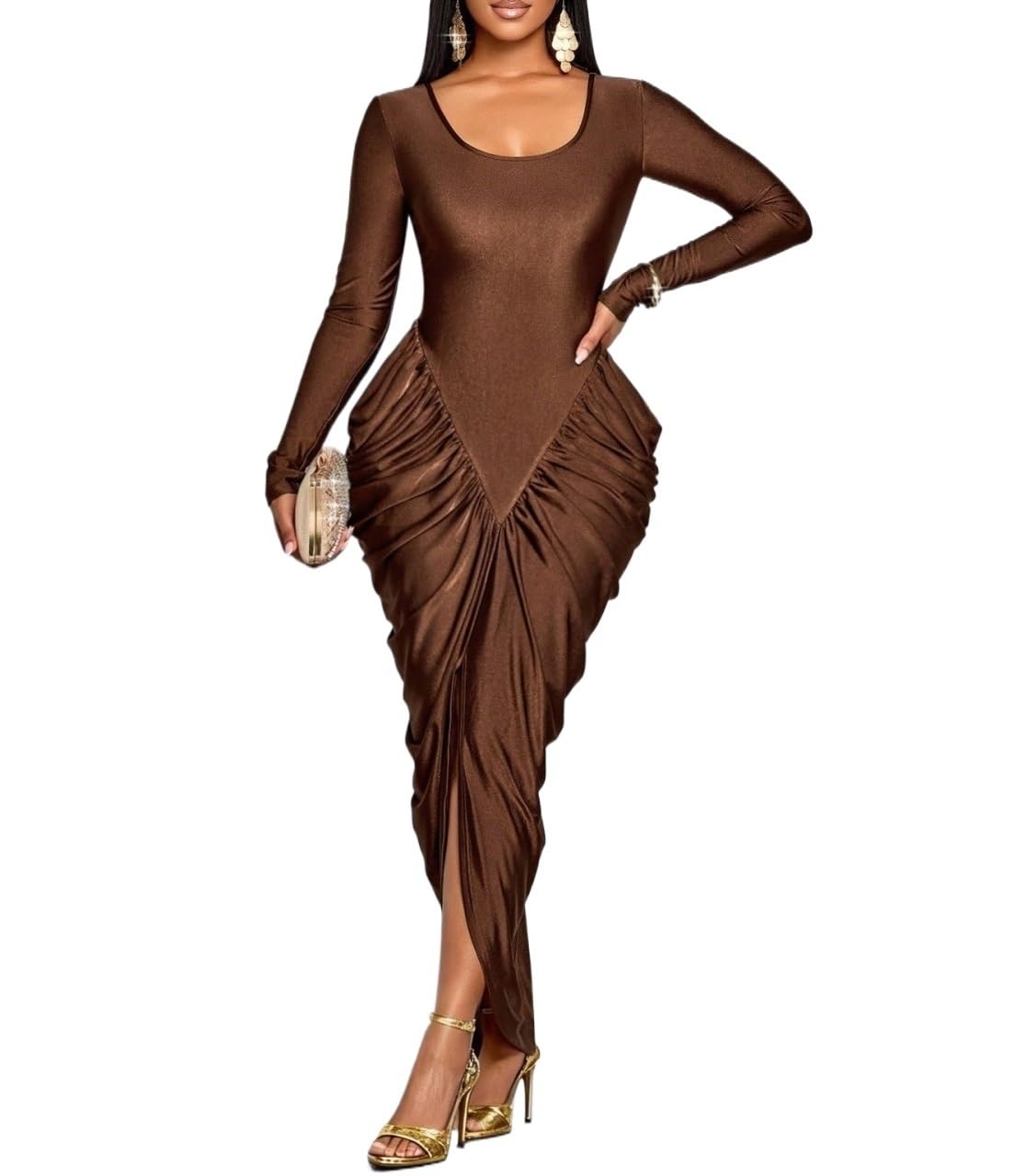 Womens Outfits Knit Long Sleeves Square Neck HIPS Hem Center Front Slit Dress Sweater Dress