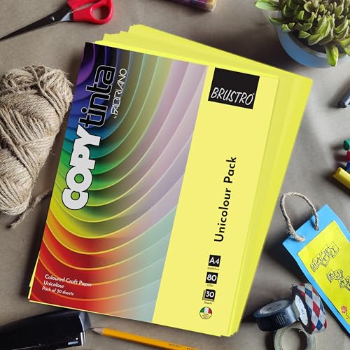 Image of BRUSTRO Copytinta Coloured Craft Paper A4 Size 80 GSM Yellow Shade (Cedro), 60 Sheets Pack | Double Side Colored, Ideal for Origami, Scrapbooking, Making Card, DIY Art & Craft.