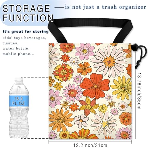 Image of Car Trash Bag Hanging Back of Seat Waterproof Small Cute Printed One-Handed Strap Drawstring Garbage Bags for Car-Colorful Flower