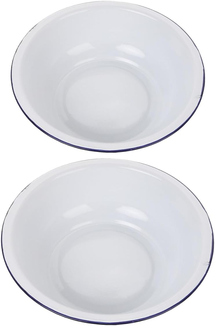 Uonlytech Vintage Enameled Mixing Bowls Set 30cm 32cm White Porcelain Basins for Dough Making, Ramen, Salad and Soup Preparation, Thickened Kitchen Enamelware for Home Cooking