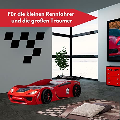 Coemo Kinder Autobett Dream Racer Kinderbett 90x200 im Rennwagen Design mit LED Beleuchtung und Lattenrost für Jungen und Mädchen - Betten Farbe Rot - Rennbett