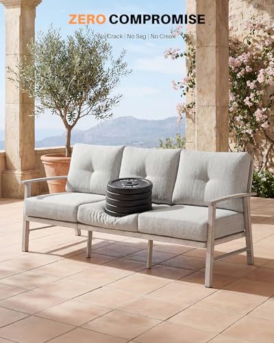 Image of 3 Seats Patio Furniture Sofa, Outdoor Aluminum Couch with 5.9'' Soft Cushion, 3-Seater All-Weather Outdoor Patio Furniture Sofa Couch for Balcony, Poolside, Lawn, White Oak