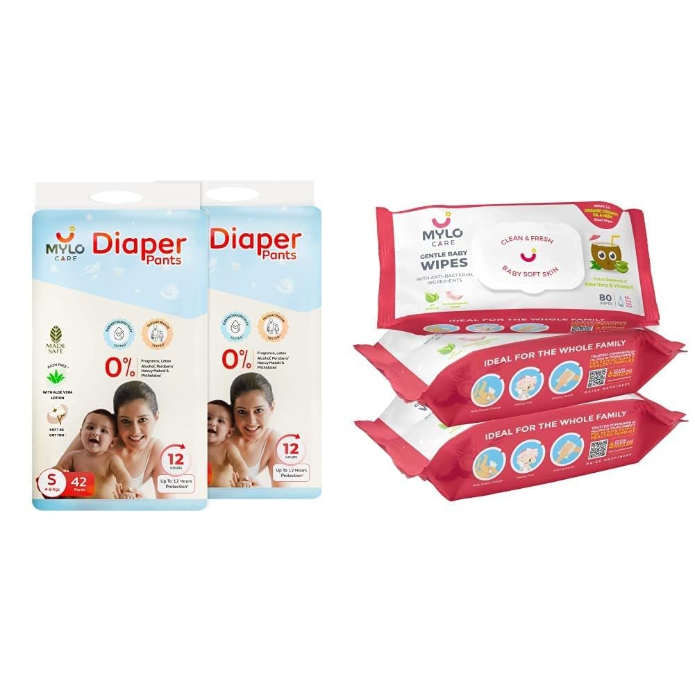 Mylo Care Disposable Diaper Pants & Baby Wipes Combo|Organic Coconut Oil & Neem|12 Hours Leak Protection|Chemical Free|Baby Essentials (Diaper (S)-84 Count, Wipes with lid Pack of 3