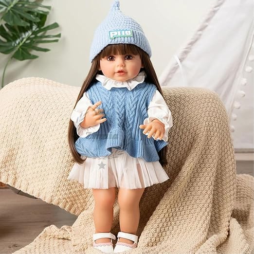 MANVI Dolls for Girls, Silicone Body Musical Reborn Baby Doll, Big Size Realistic Newborn Baby Doll with Cloth, Nipple Bottle, Dipper & Brown Magnetic Pacifier (Blue Doll)