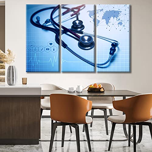 Image of TUMOVO Medical background Artwork Wall Art for Living Room 3 Piece Stethoscope Poster Wall Decor for Bedroom Medical Contemporary Home Decor Framed Ready to Hang, 60 inch Wx40 H