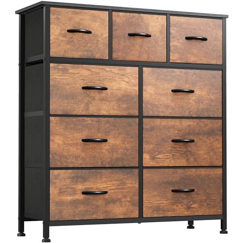 YITAHOME Dresser for Bedroom with 9 Drawers - Fabric Storage Tower, Tall Chest Organizer Unit for Living Room, Entryway, Closets with Sturdy Steel Frame, Wooden Top, Brown Brown 9-Drawer