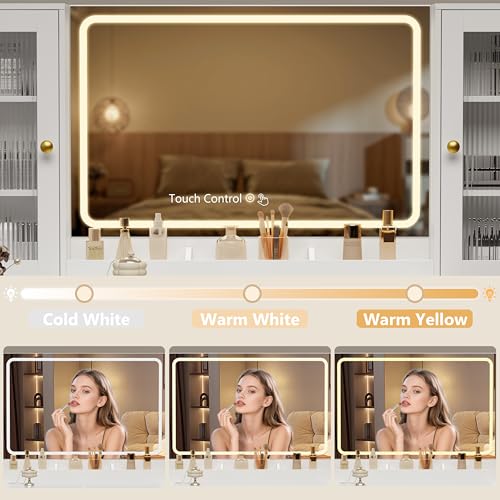 Image of Fluted Makeup Vanity Desk with Mirror and Lights, 55 inch Glass Top Vanity with 8 Drawers & 4 RGB Glass Cabinets, Adjustable Shelves & Power Outlet, Modern Dressing Table Set for Women Girls Bedroom
