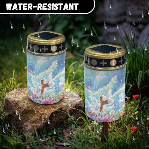 Image of Cross and Peace Dove Solar Grave Lights - Flameless Solar Powered Light for Prayer - Waterproof - Cemetery Decor Candle Lamp