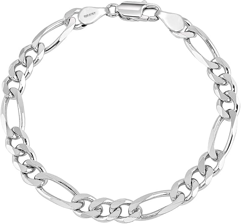 Solid 925 Sterling Silver Figaro Link Chain Bracelet | Italian Diamond-Cut Figaro Chain Bracelet for Women Men, Made in Italy (7, 7.5, 8, 8.5, 9 Inches)