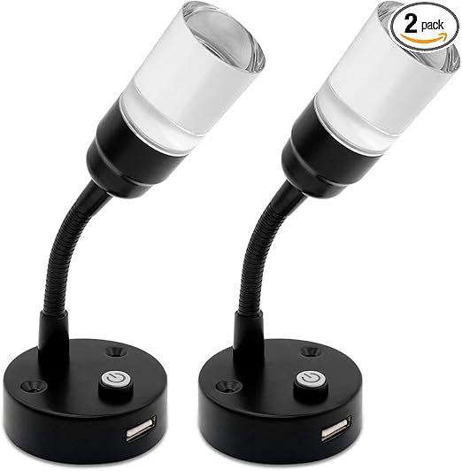 Dream lighting RV Reading Lights with USB 12V LED Bedside Book Lamps for Interior Automotive RV Trailer, Cool White Light, Black-Plated, Pack of 2