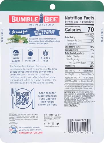 Image of Bumble Bee Mediterranean Herbs & Spices Seasoned Tuna, 2.5 oz Pouches (Pack of 12) - Ready to Eat - Wild Caught Tuna Packet - 14g Protein per Serving - Gluten Free