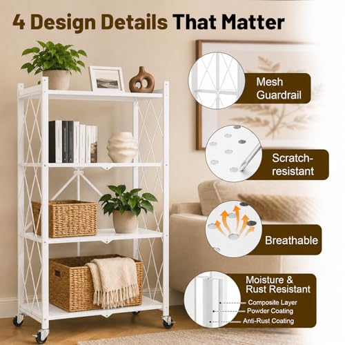 Image of 4 Tier Foldable Metal Storage Shelves on Wheels No Assembly | heavy-duty shelf unit for Kitchen, Garage, Pantry, Basement, Bookshelf, White