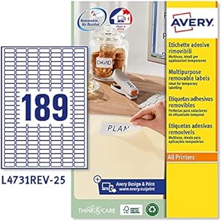 Avery L4731REV-25 Self-Adhesive Removable Mini Labels, 189 Labels Per A4 Sheet, White