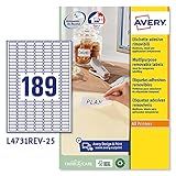 Avery L4731REV-25 Ablösbare Mini-Laseretiketten ( 189 pro Blatt, 25,4 x 10 mm) 4725 Etiketten weiß