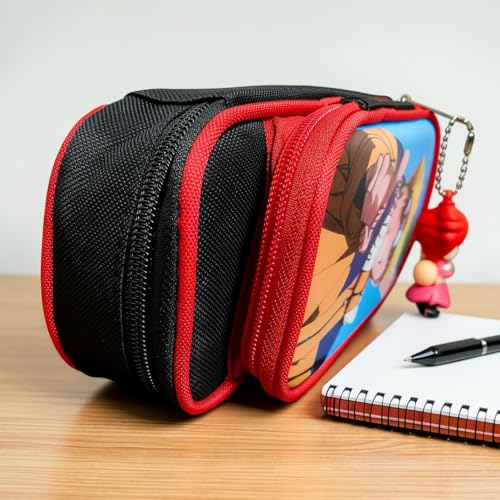 Image of KiddiBox One Piece Anime Pencil Case - Double Zipper Pouch with Anime Character Charm & Keychain for Students (Black Red)
