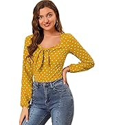 Allegra K Women's Vintage Long Sleeve Sweetheart Neck Tie Knot Polka Dots Blouse Top
