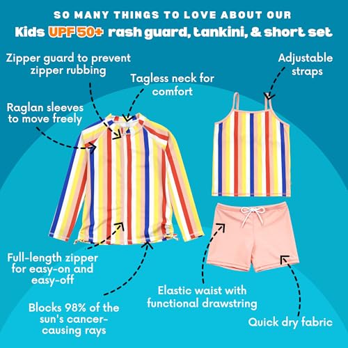 Image of SwimZip Girls' 3 Pc Swim Set w /Long Sleeve Rash Guard, Tankini & Shorts UPF 50+