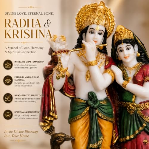 Image of ARMONIA Radha Krishna Murti 11 Inch | Premium Marble Dust Radha Krishna Idol with Peacock for Mandir, Home Decor & Office Desk | Radhakrishna Statue Spiritual Gift for Diwali, Wedding & Housewarming